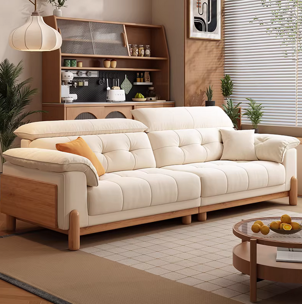 奶油中古风实木布艺沙发